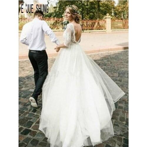E JUE SHUNG Summer White Sexy Backless Wedding Dresses Scoop Neck Half Sleeves Lace Appliques Boho Bridal Gowns Vestido De Novia
