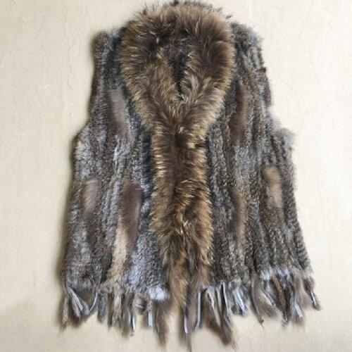 Winter women genuine fur coat natural real rabbit raccoon dog fur collar trim knitted black vest female sleeveless jacket