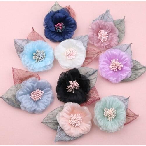 10pcs Organza fabric flower decoration material kids hair accessories handmade DIY shoes clothing accessories floral patch stick