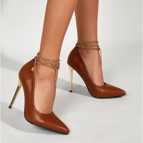 2021Spring Autumn Sexy Pointed Toe Woman Pumps Fashion Metal Chain Design Ankle Buckle Strap High Heels Women Dress Shoes dd5