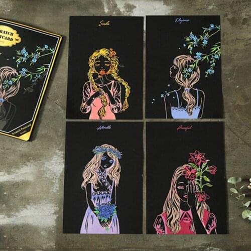 4 Sheets/lot Scraping Paint Scratch Night View Vintage Postcards Drawing View Fireworks Oil Painting Postcard