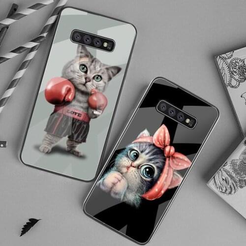 Cute Cat Phone Case Tempered Glass For Samsung S20 Plus S7 S8 S9 S10 Plus Note 8 9 10 Plus