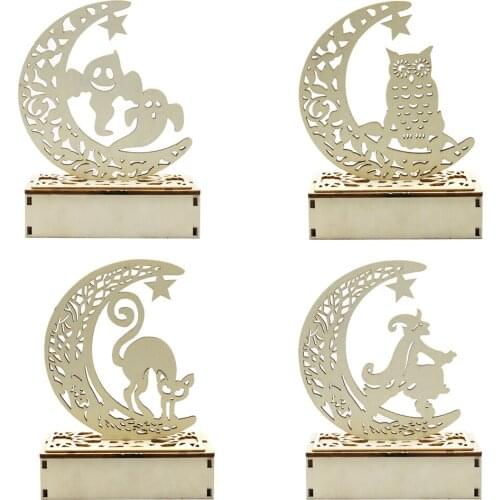 Halloween Wooden LED Lights Ornaments Hollow Home Decorative Ornament Art Crafts Halloween Carving Hollow Moon Witch LED Lights
