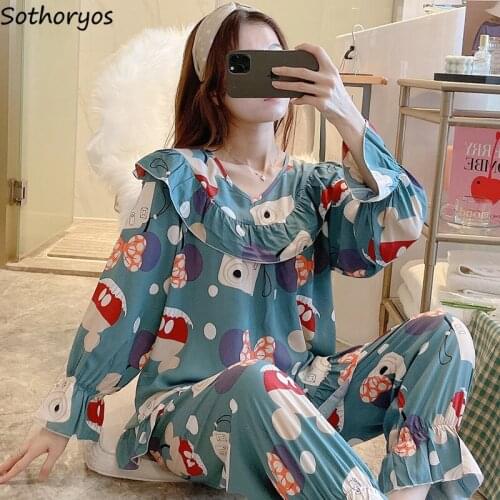 Pajama Sets Women Long Sleeve Printing V-neck Ruffle Lace Fashion Loose Casual Chic Plaid Womens Thin Homewear Retro Elegant New