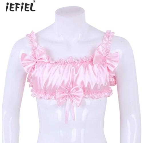 Gay Fetish Men Sissy Lingerie Soft Satin Exotic Tanks Crop Top Ruffled Frilly Elastic Shoulder Strap Backless Wire-free Bra Tops