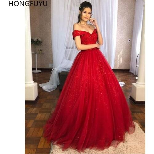 HONGFUYU Red Ball Gown Prom Dresses 2020 Sequins Tulle vestidos de gala Long Formal Gown Evening Party Dress robe de soiree