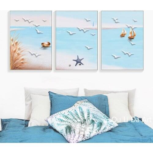 3pcs Mediterranean Sea boat seagulls set scenery canvas printings oil painting printed on canvas modern art decoration picture