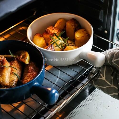 Oven Baked Rice Bowl Ceramic Fruit Salad Bowl Baking Single Handle Baking Pan Japanese Home Breakfast Bowl Plate Pendulum Plate