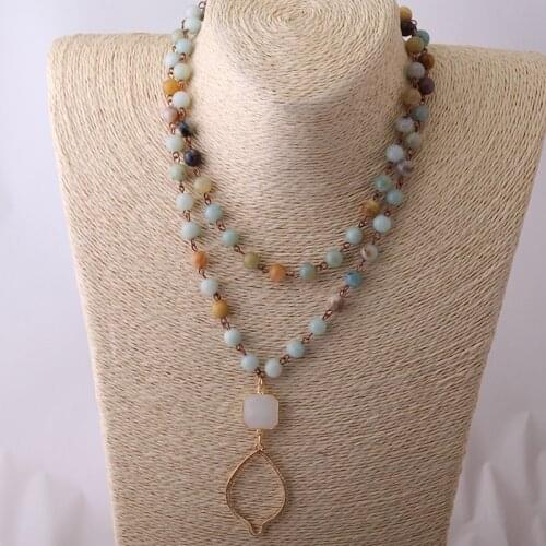 Fashion Amazonite Stones Bohemian Tribal Jewelry Crystal Teardrop Shaped Pendant Necklace