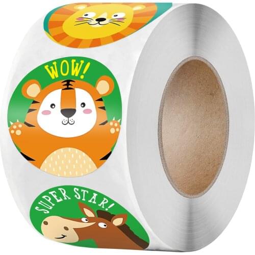 Cartoon Animals Sticker for Kids 500pcs/roll Round Encourage Sealing Labels 8 Designs for Teacher Supplies Cute Reward Sticker