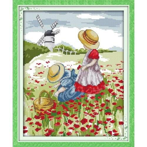 Poppy field Girl Cross Stitch Kits canvas Life patterns Printed Handmade Flower Embroidery Needlework Cross-stitch set 14CT 11CT