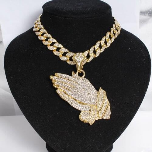 New Arrival Big Prayer Hands Pendant With 15mm 18" Full Iced Out Miami Cuban Choker Chain Necklace Men Hip Hop Jewelry Gift