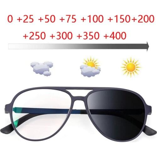 New Men Women Pilot Reading Glasses TR90 Without Screw Design Photochromic Gray Oval Hyperopia Eyeglasses 0 +25 +50 +75 To +400