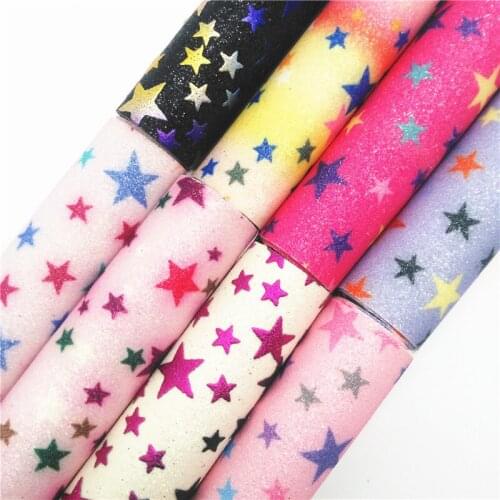 Onefly Wholesales Dropshipping Leather Supplier Stars Printed Glitter Faux Vinyl Leather Fabric Knited Backing For Bow DIY FZ162