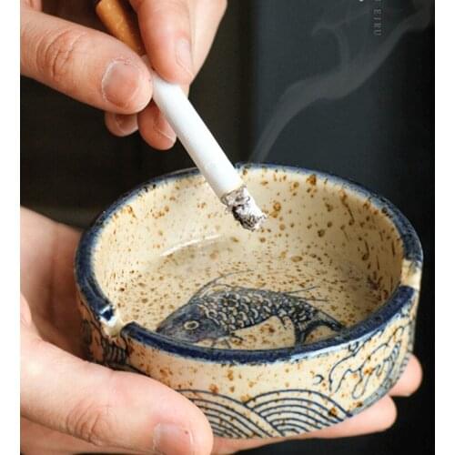 Japanese Ashtray Creative Retro Personality Trend Living Room Office Ceramic Cover Anti Fly Ash Anti Wind Household Ashtray