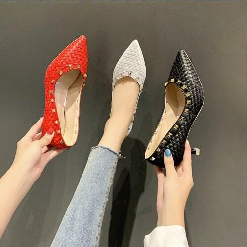 Casual Fashion Spring And Autumn Ladies Single Shoes Elegant And Sweet Rivet Set Foot Shallow Mouth Pointed Sexy High Heels