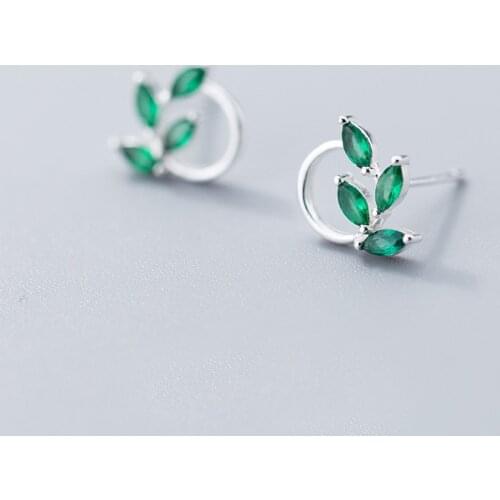 MloveAcc Spring Breath Fashion Leaves 925 Sterling Silver Green CZ Fine Stud Earrings Party Jewelry