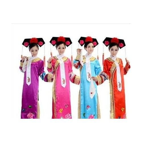 3 pcs Hat+ Scarf Plus Size Qing Dynasty Costume Chinese Traditional Princess Dress With Hat Chinese Folk Dance Free Shipping