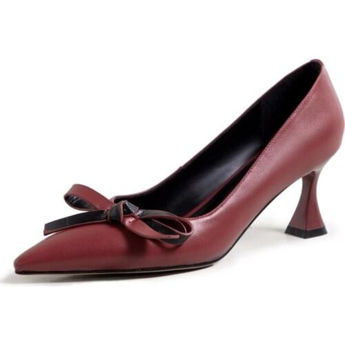 SmallHut New Spring Women Pumps Ladies Leather Sexy Stilettos Wine Red Beige Woman Pointed Toe Bowknot High Hoof Thin Heels M033