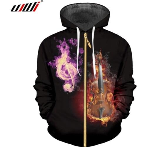 UJWI Men Flame Guitar Zip Hoodies 3D Printed Purple Musical Note New Arrivals Zipper Coat Man Sports Clothing Direct Selling