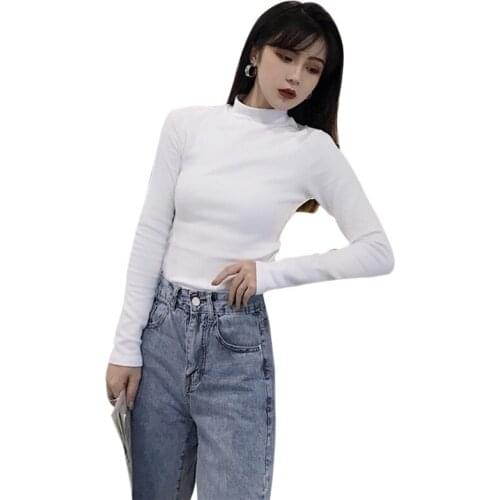 Women Casual Bottoming T Shirt Korean Solid Color Long Sleeve Half Turtleneck Basic Top Tee Shirt Femme