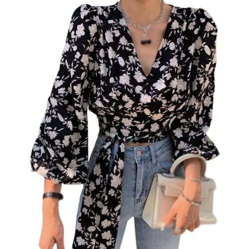 Womens Blouses Floral Print Chiffon Shirts Spring Autumn V Neck Sexy Lace Exposed Navel Long Sleeves Chiffon Shirts Tops