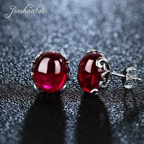 JIASHUNTAI Retro 100% 925 Sterling Silver Earrings For Women Vintage Chalcedony Ruby Gemstone Stud Earrings Jewelry Female