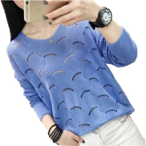 2020 Summer Korean Hollow Out Knitted Tops Pullover Women Casual Long Sleeve Female Pull Jumper Femme Top Sweater ZY4940