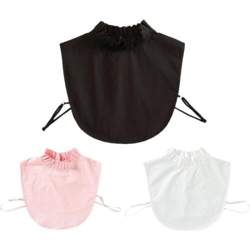 Women Elegant Ruffled Half High Neck False Fake Collar Solid Color Keyhole Button Pullover Detachable Half Shirt Dickey