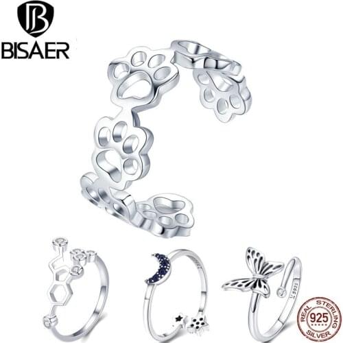 BISAER 925 Sterling Silver adjustable footprints moon star open size finger Rings for Women Wedding Jewelry Christmas Gift