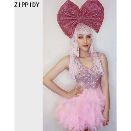 2020 Rhinestone Pink Feather Dress Red Bow Women Dance Backless Outfit Prom Birthday Celebrate Show Short Dress