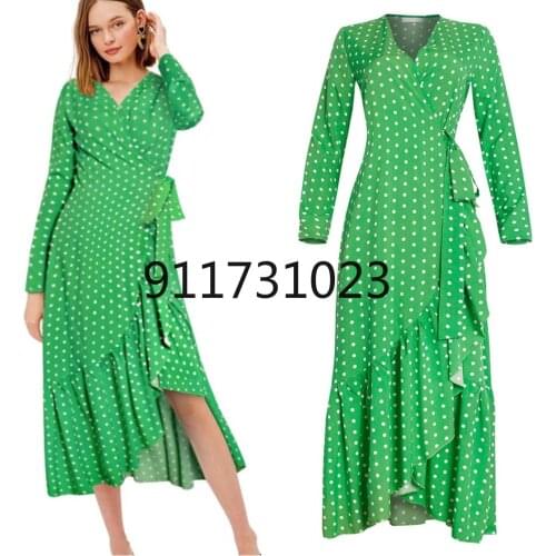 Summer Maxi Dress Women Polka Dot Sexy V Neck Ruffles Long Sleeve Holiday Long Beach Sundress Ladies Wrap Party Dresses