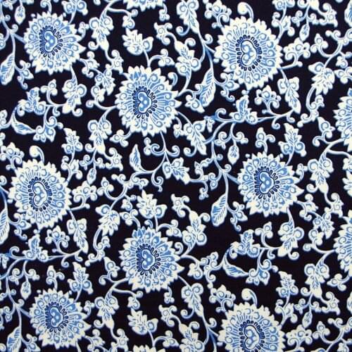 1 yard Cotton Poplin Fabric for sewing pathwork, dress, cloth, bedding - flowers on deep blue background (width=140cm)