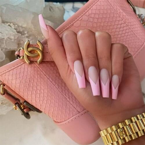 24 PCS Pink Fake Nails with Designs Long Coffin French Ballerina False Nails Artificial Nail Art Tips Press on Nails for Women