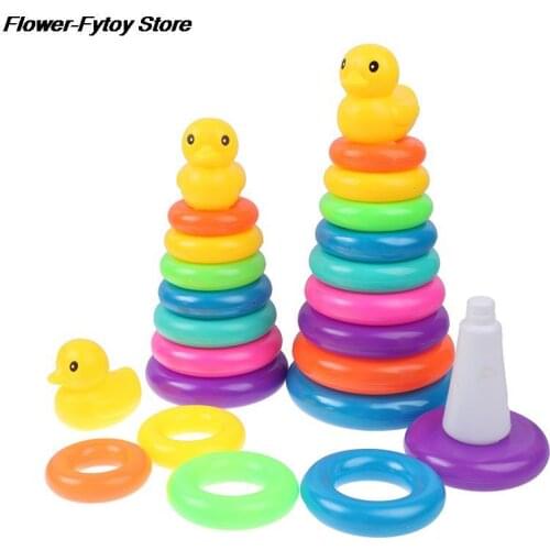 Childrens Little Yellow Duck Rainbow Tower Stacking Circle Baby Early Childhood Education Puzzle Ring Toy Kids Toys 1Pc