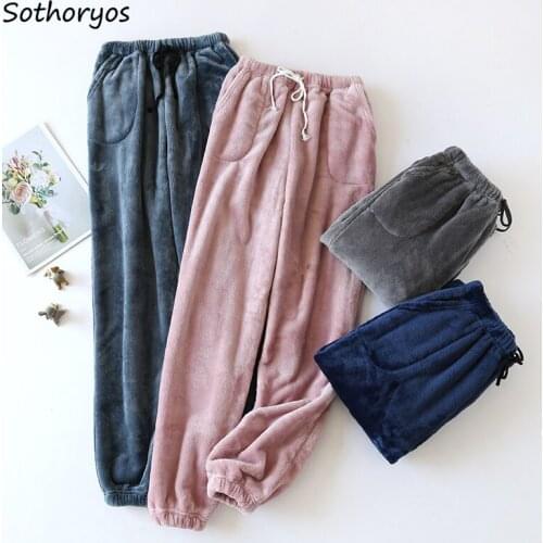 Women Sleep Bottoms Couples Flannel Solid Simple Warm Plus Velvet Thicker Homewear Female All-match Trendy Comfortable Sleepwear