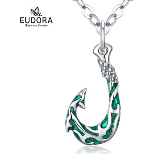 EUDORA Green Enamel Fish Hook Pendant Necklaces with 18 Inch Chian For Women Birthday Party Gift Good Luck Jewelry with Box T8