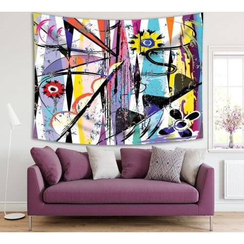 Tapestry Abstract Art Paint Strokes Splashes Geometric Lines Contemporary Painting Yellow Purple Black Print
