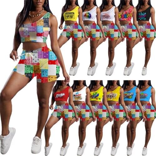 Cartoon Letter Lips Print One Shoulder Crop Vest & Cashew Print Beach Shorts Two Piece Sets Women Outfits Summer Casual Suits