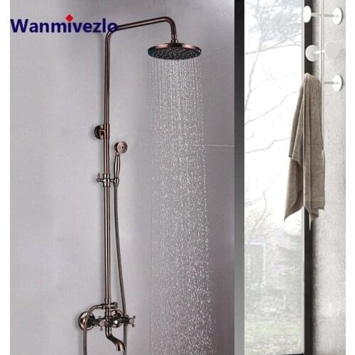 Red Bronze Shower Faucets Set 8" Rainfall Shower Head Brass Handshower Dual Handles Mixer Tap Swivel Tub Spout Bath Shower