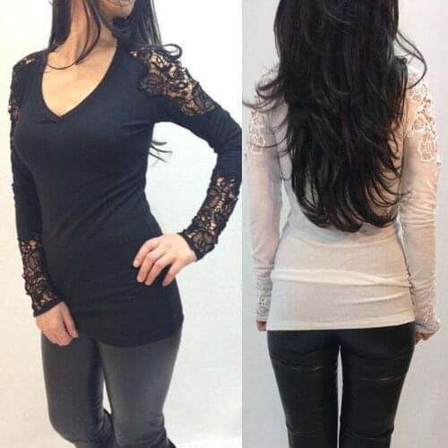 Fashion Women Cotton Shirts Sexy Lace Crochet Long Sleeve T-Shirt Ladies Casual Blouse Tops