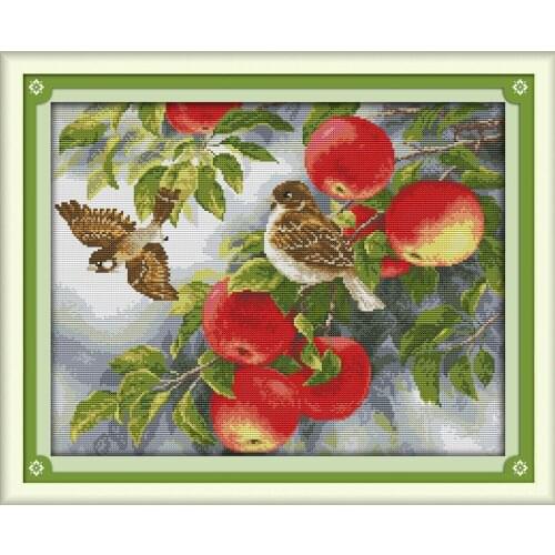 Birds and apples stitch kit aida 14ct 11ct count printed canvas stitches embroidery DIY handmade needlework