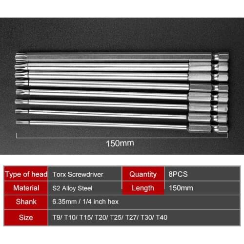 HOEN 8Pcs 8 Sizes Electric 150mm Long 1/4 Inch Hex Shank Magnetic Torx Screwdriver Bits Set T9 T10 T15 T20 T25 T27 T30 T40