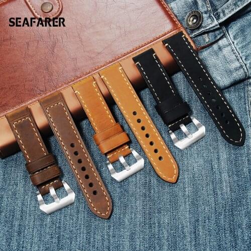 Handmade Cowhide Watchbands 22mm 24mm Men Women Brown Black Red Genuine Leather Watch Band Strap Belt Stainless Steel Buckle