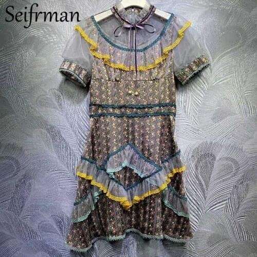 Seifrmann New 2021 Summer Women Fashion Runway Party Short Dress Lantern Sleeve Lace Ruffles Floral Printed Ladies Mesh Dresses