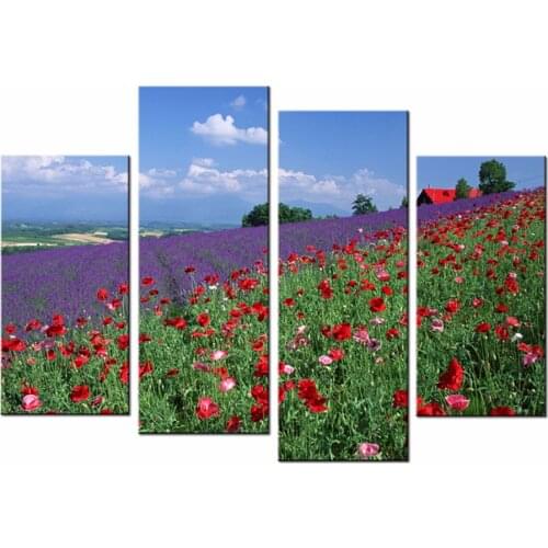 Modern Flower Painting HD Canvas Prints Wall Art-Contemporary Lavender and Red Poppies Landscape Spray Painting Pictures Artwork