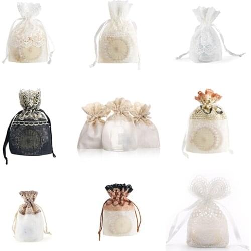 New 10X14CM Five Petal Flower White Lace Yarn Bag Folded Bottom Jewelry Drawstring Bag Creative Gift Slub Yarn Drawstring Pocket