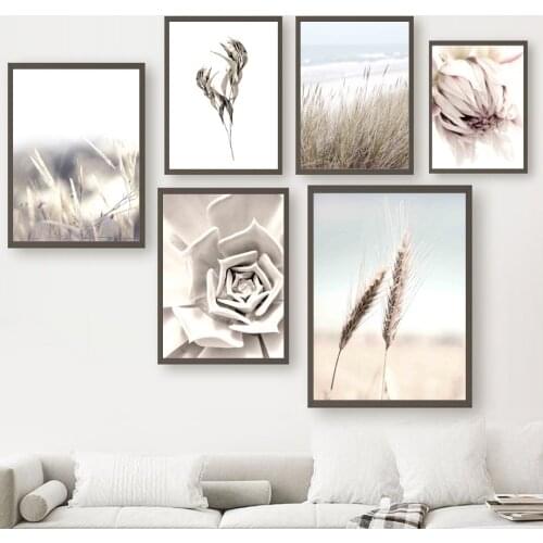 Grass Reeds Wheat Ears Roses Dahlias Lake Wall Art Canvas Painting Nordic Posters And Prints Wall Pictures For Living Room Decor