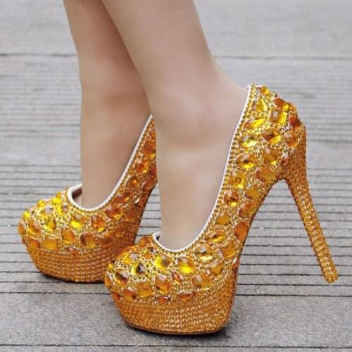 Women pumps wedding Party banquet PU Rhinestones Slip On 11CM 14CM Thin High Heels Round Toe high heels women shoes size 35-42