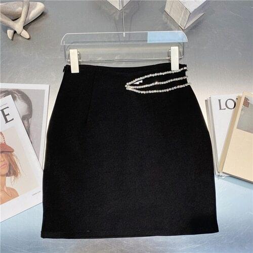 Mini Skirt Women 2021 Summer New Korean Style Rhinestone Chain Outfit Elegant Lady Package Hip Skirts Femme White Black